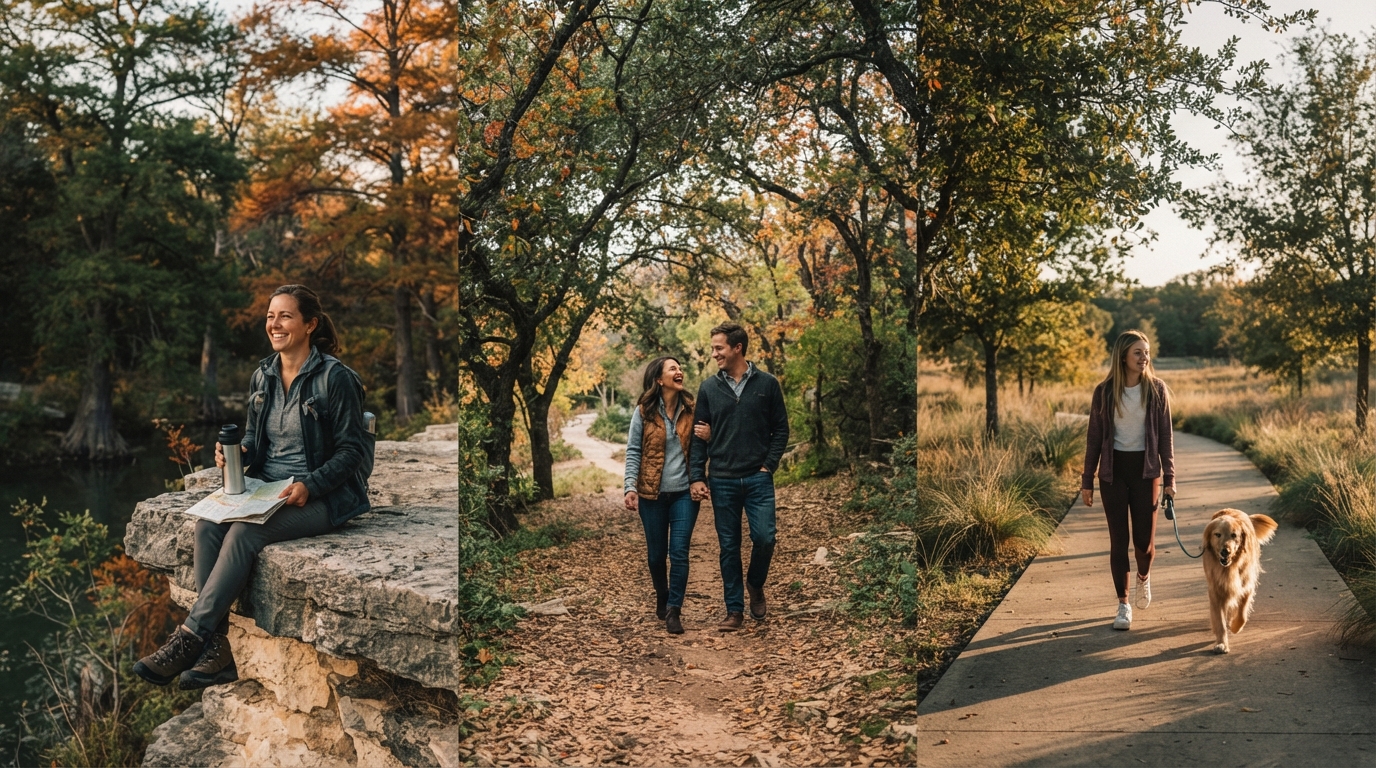 Editorial illustration for Three Austin Fall Walks, Three Very Different Rewards: Which One Fits You?