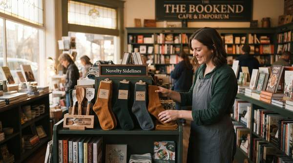 Editorial illustration for Why Independent Bookstores Sell Socks and Spatulas: The Strategy Behind the Sidelines